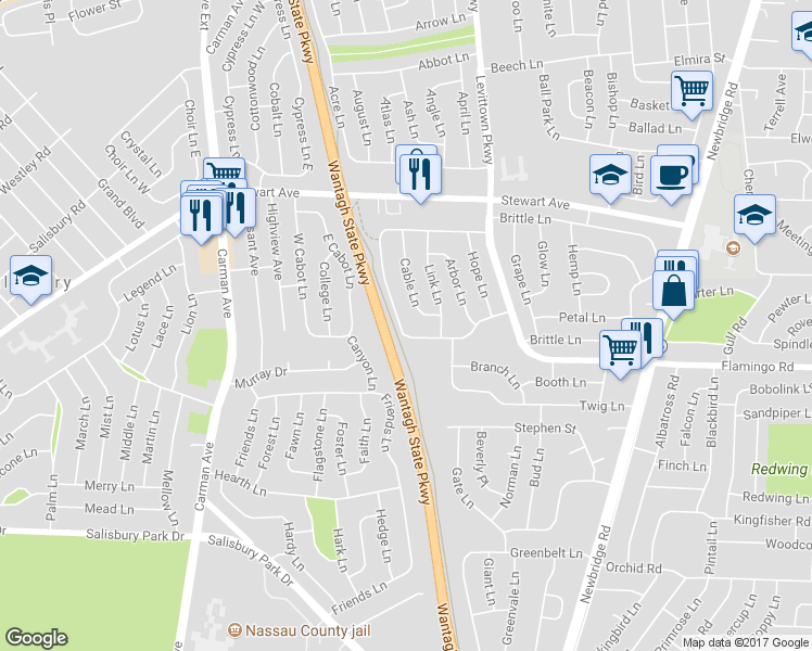 map of restaurants, bars, coffee shops, grocery stores, and more near 111 Rim Lane in Hicksville