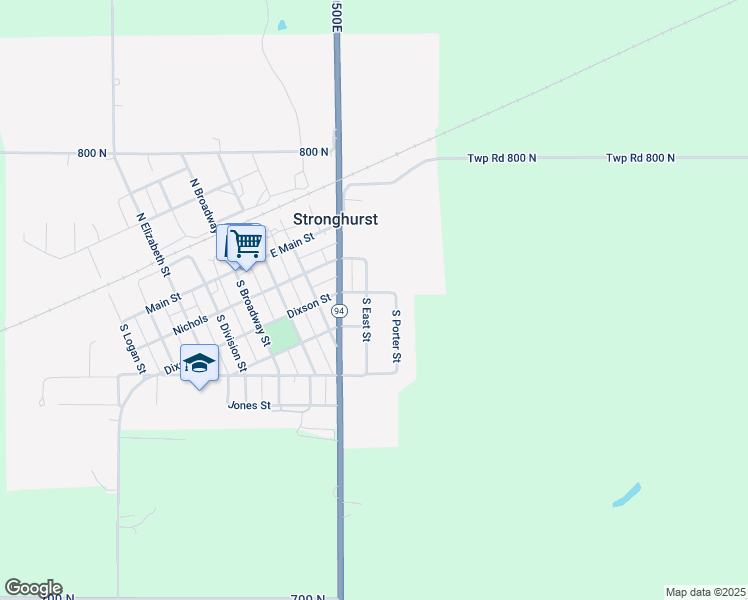 map of restaurants, bars, coffee shops, grocery stores, and more near 301 South East Street in Stronghurst