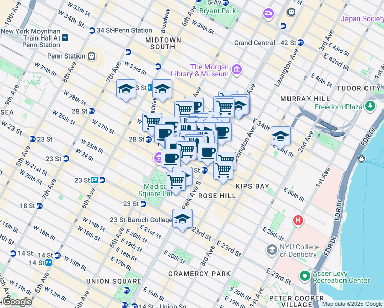 map of restaurants, bars, coffee shops, grocery stores, and more near 79 Madison Avenue in New York