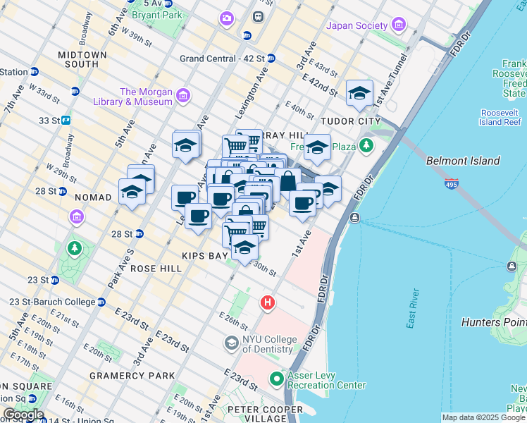 map of restaurants, bars, coffee shops, grocery stores, and more near 239 East 33rd Street in New York