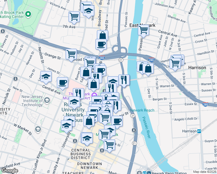 map of restaurants, bars, coffee shops, grocery stores, and more near 500 Broad Street in Newark