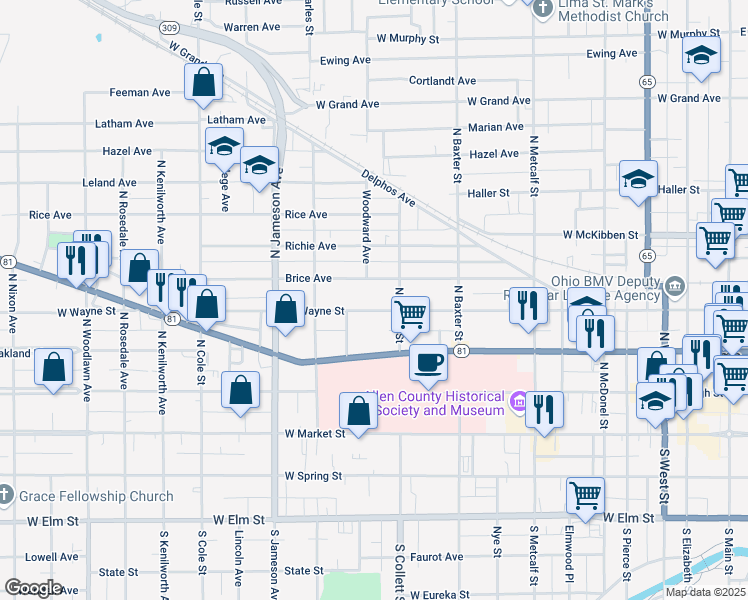 map of restaurants, bars, coffee shops, grocery stores, and more near 928 West Wayne Street in Lima