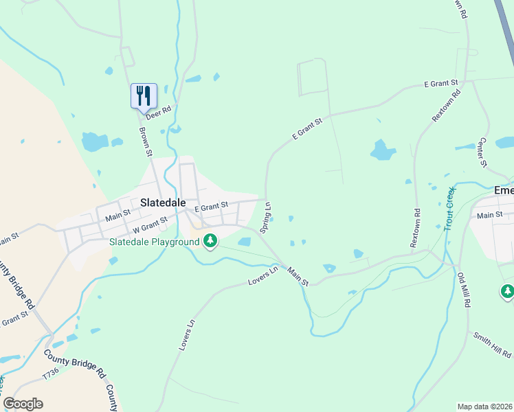 map of restaurants, bars, coffee shops, grocery stores, and more near 3887 East Grant Street in Slatington