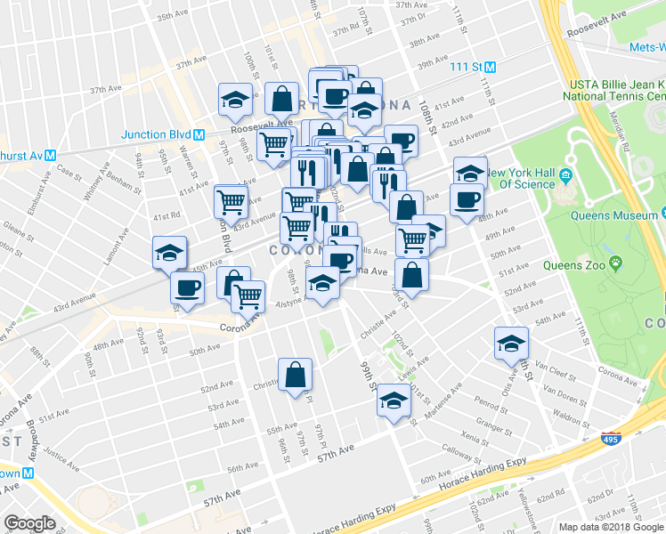 map of restaurants, bars, coffee shops, grocery stores, and more near 99-10 Corona Avenue in Queens