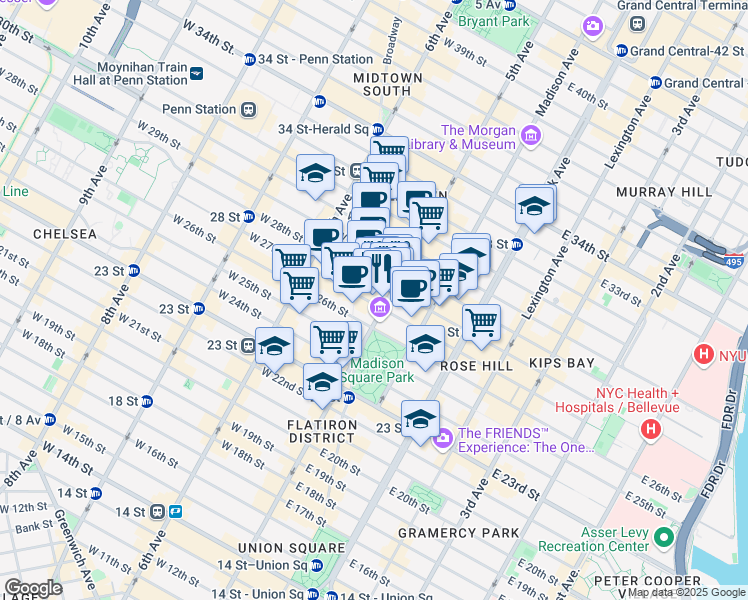 map of restaurants, bars, coffee shops, grocery stores, and more near 11 West 27th Street in New York