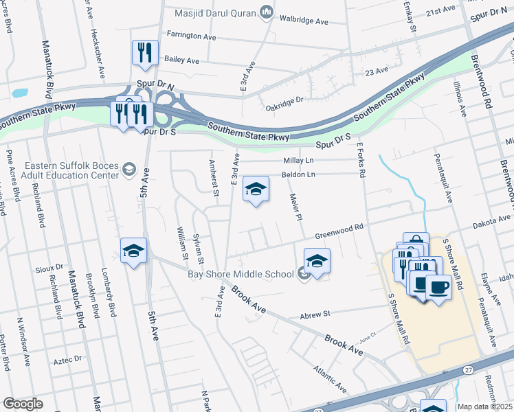map of restaurants, bars, coffee shops, grocery stores, and more near 1415 East 3rd Avenue in Bay Shore