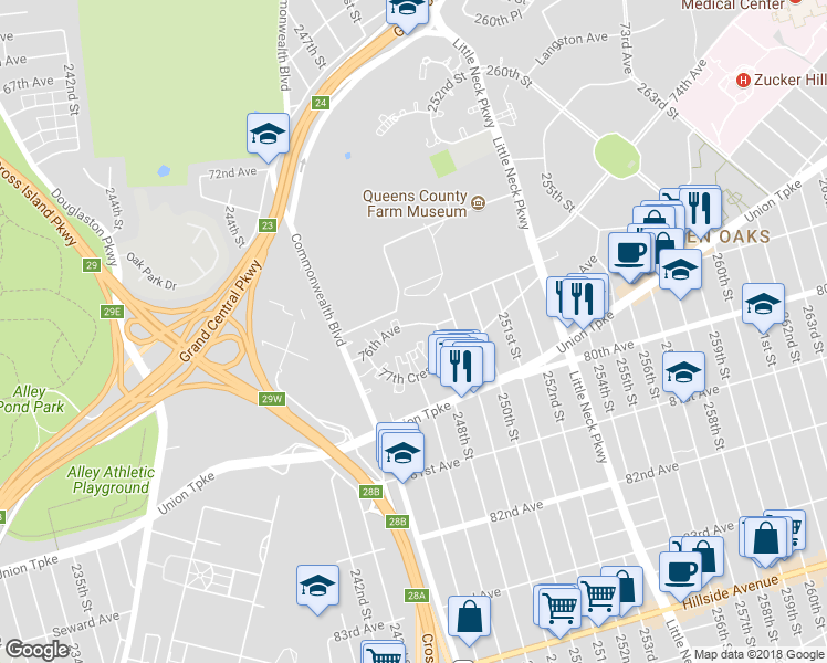 map of restaurants, bars, coffee shops, grocery stores, and more near 247-20 76th Avenue in Queens