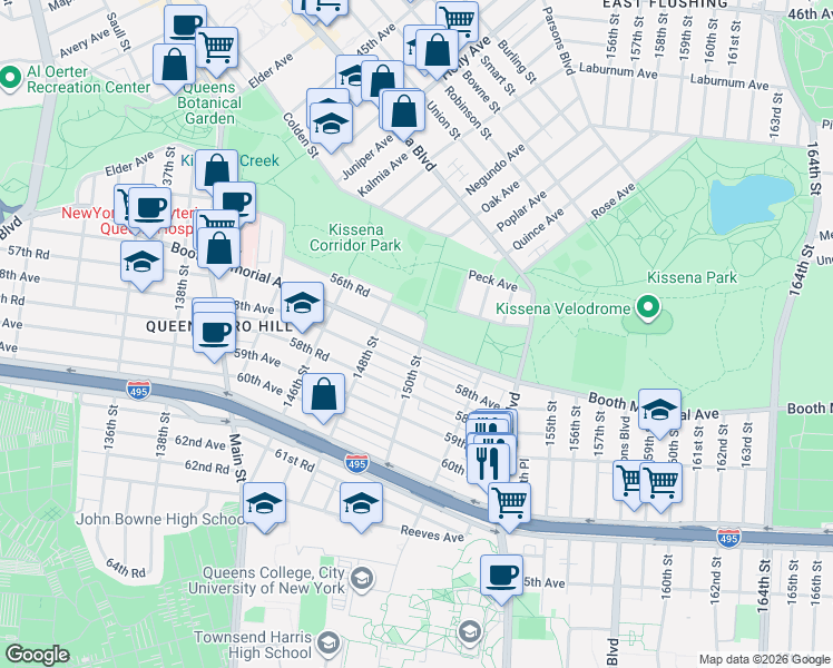 map of restaurants, bars, coffee shops, grocery stores, and more near 148-40 56th Road in Queens