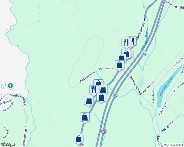 map of restaurants, bars, coffee shops, grocery stores, and more near 7 Post House Road in Morristown