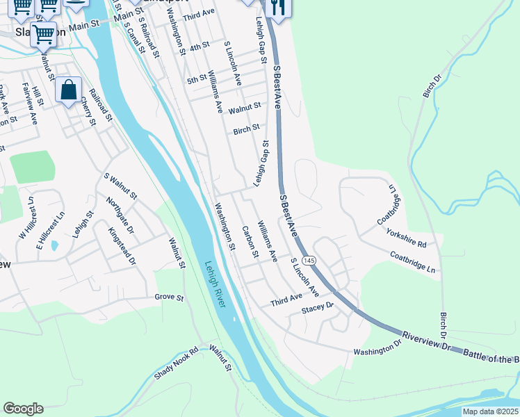 map of restaurants, bars, coffee shops, grocery stores, and more near 817 Williams Avenue in Walnutport