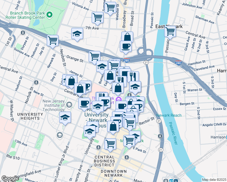 map of restaurants, bars, coffee shops, grocery stores, and more near 43 Essex Street in Newark