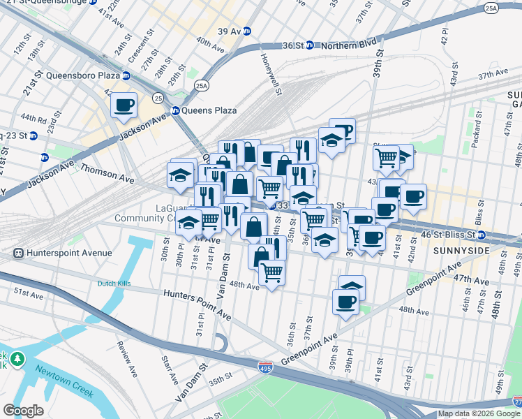 map of restaurants, bars, coffee shops, grocery stores, and more near 32-23 Queens Boulevard in Queens