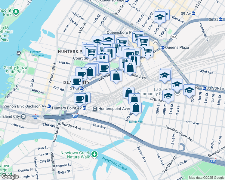 map of restaurants, bars, coffee shops, grocery stores, and more near 45-50 Pearson Street in Queens