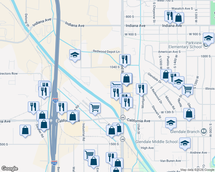 map of restaurants, bars, coffee shops, grocery stores, and more near 1146 South Redwood Drive in Salt Lake City