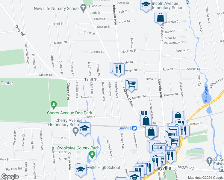 map of restaurants, bars, coffee shops, grocery stores, and more near 290 Greeley Avenue in Sayville