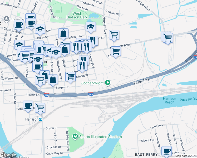 map of restaurants, bars, coffee shops, grocery stores, and more near 500 Supor Blvd in Harrison