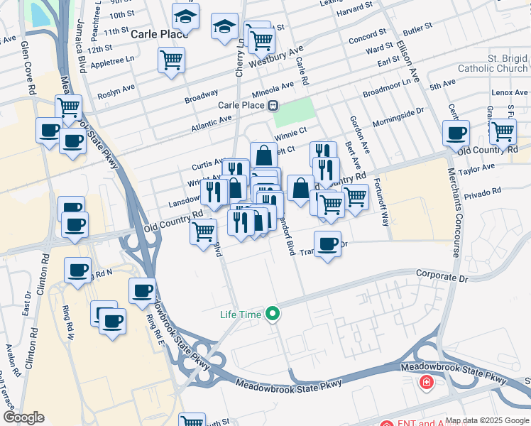map of restaurants, bars, coffee shops, grocery stores, and more near 914 Old Country Road in Garden City