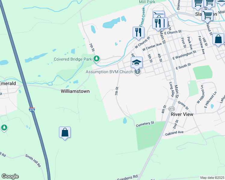 map of restaurants, bars, coffee shops, grocery stores, and more near 416 Owl Alley in Slatington