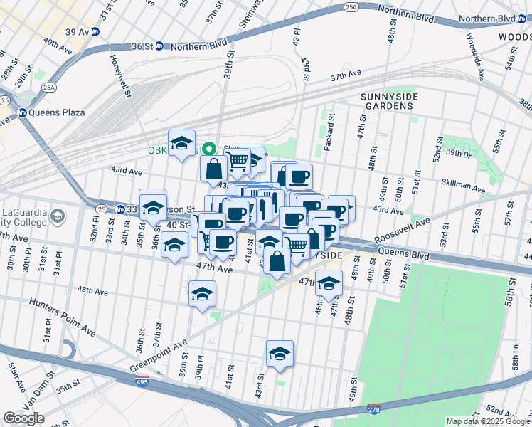 map of restaurants, bars, coffee shops, grocery stores, and more near 43-34 42nd Street in Queens