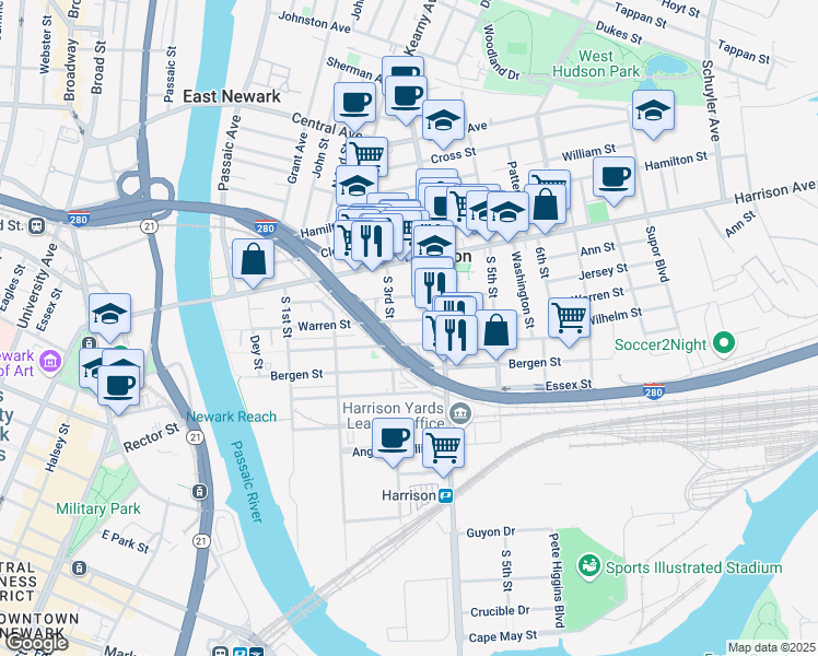 map of restaurants, bars, coffee shops, grocery stores, and more near 313 Warren Street in Harrison