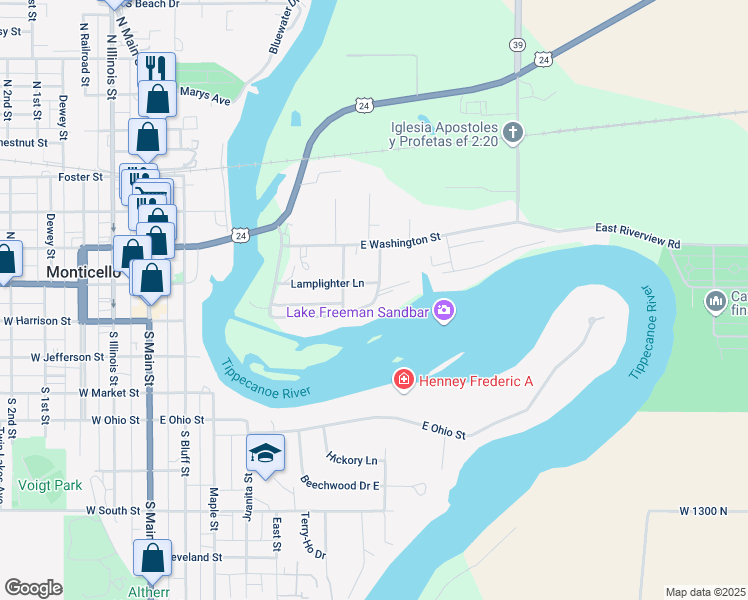 map of restaurants, bars, coffee shops, grocery stores, and more near 418 E Lakeside Dr in Monticello