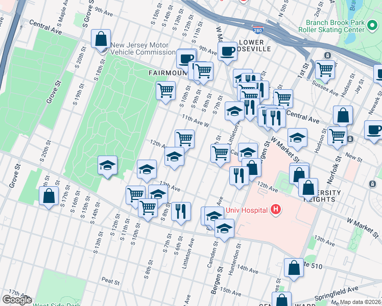 map of restaurants, bars, coffee shops, grocery stores, and more near in Newark