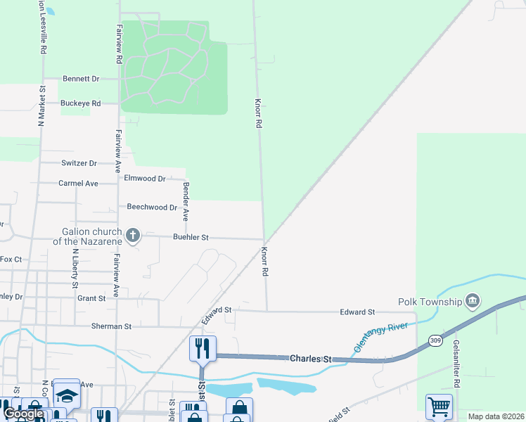 map of restaurants, bars, coffee shops, grocery stores, and more near 1075 Knorr Road in Galion