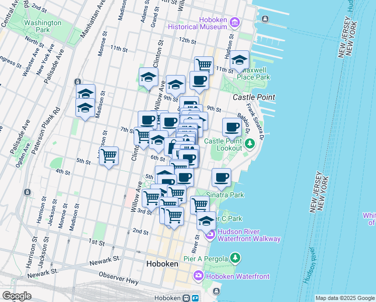 map of restaurants, bars, coffee shops, grocery stores, and more near 631 Bloomfield Street in Hoboken