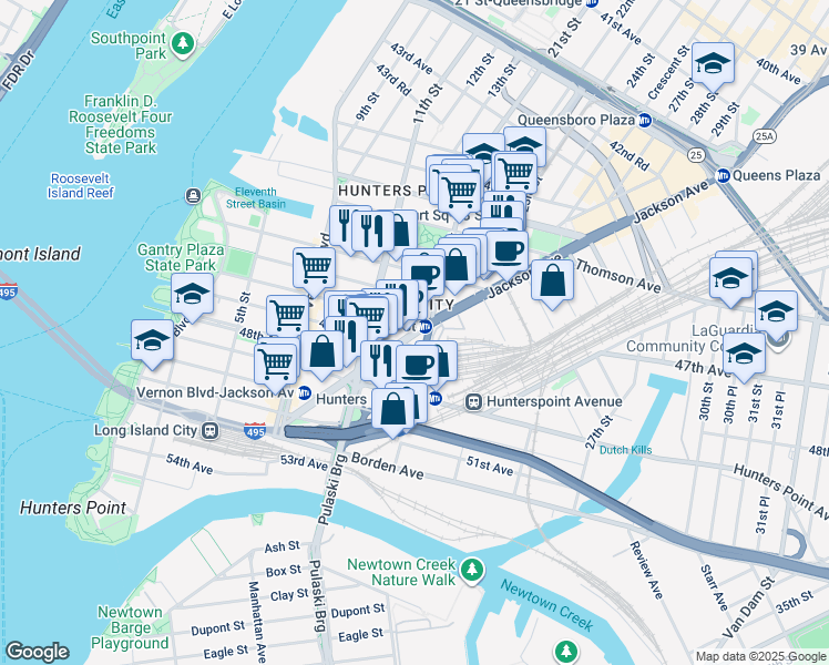 map of restaurants, bars, coffee shops, grocery stores, and more near in Queens