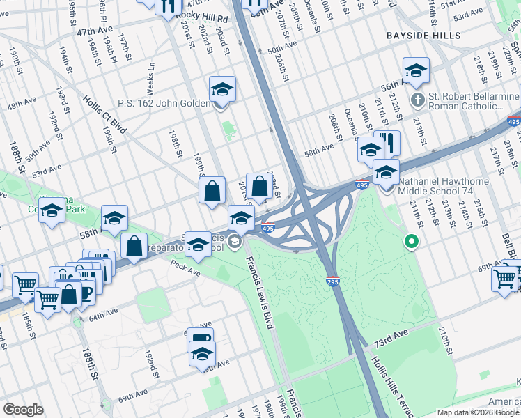 map of restaurants, bars, coffee shops, grocery stores, and more near 20117 Horace Harding Expressway in Queens