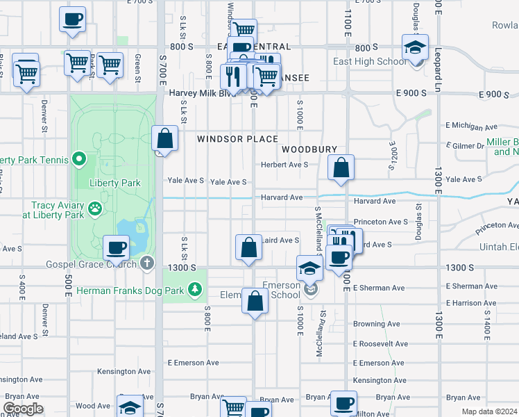 map of restaurants, bars, coffee shops, grocery stores, and more near 1140 900 East in Salt Lake City