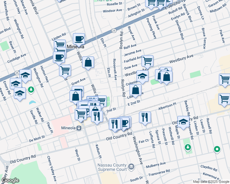 map of restaurants, bars, coffee shops, grocery stores, and more near 110 Roosevelt Avenue in Mineola
