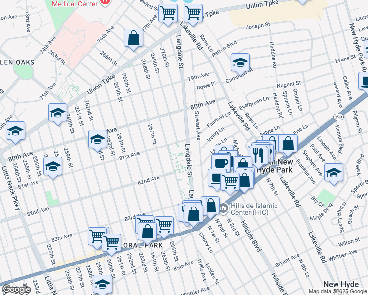 map of restaurants, bars, coffee shops, grocery stores, and more near 8119 Langdale Street in Queens