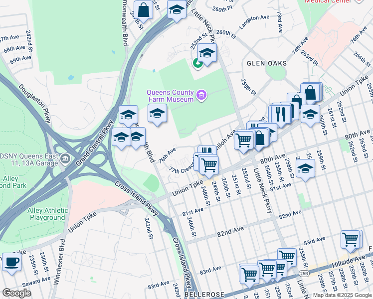 map of restaurants, bars, coffee shops, grocery stores, and more near 247-20 76th Avenue in Queens