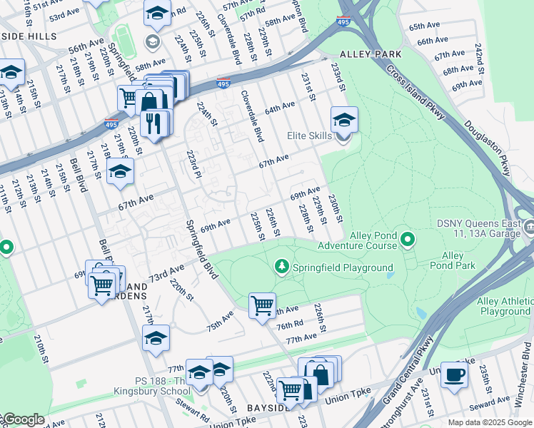 map of restaurants, bars, coffee shops, grocery stores, and more near 69-11 226th Street in Queens