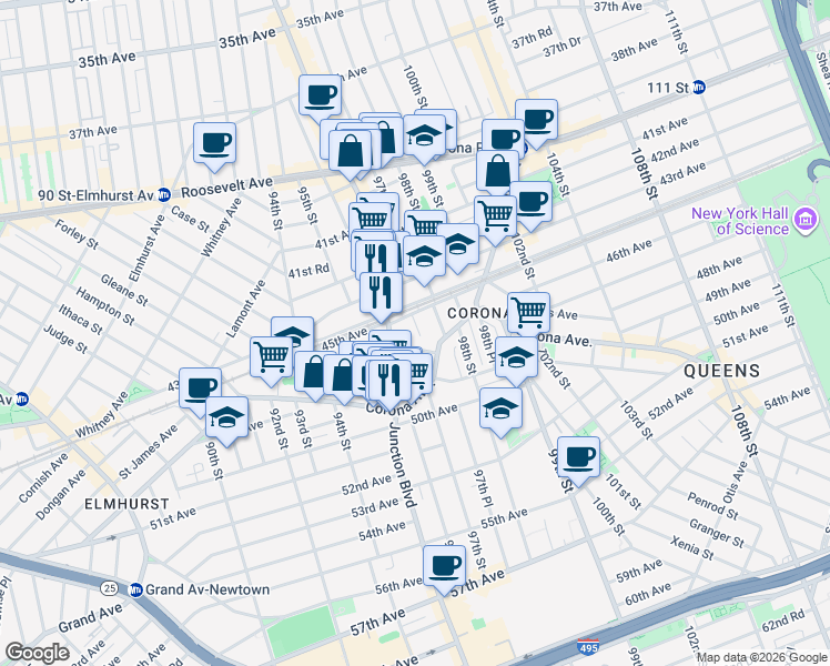 map of restaurants, bars, coffee shops, grocery stores, and more near 96-04 45th Avenue in Queens