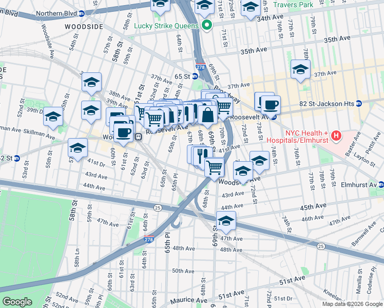 map of restaurants, bars, coffee shops, grocery stores, and more near 67-2 41st Avenue in Queens