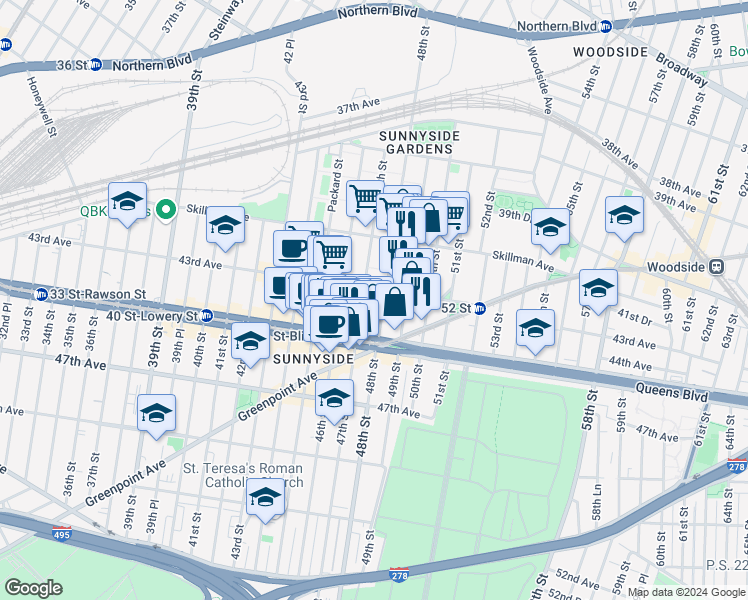map of restaurants, bars, coffee shops, grocery stores, and more near 47-12 43rd Avenue in Queens