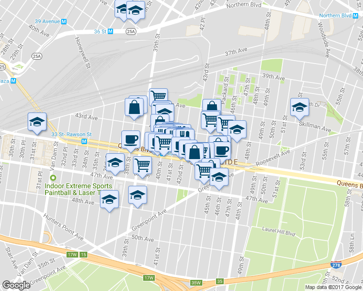 map of restaurants, bars, coffee shops, grocery stores, and more near in Queens