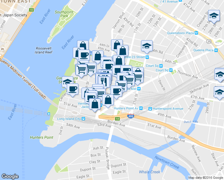 map of restaurants, bars, coffee shops, grocery stores, and more near 10-12 47th Road in Queens