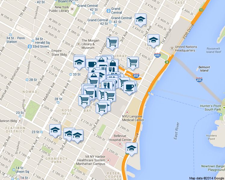 map of restaurants, bars, coffee shops, grocery stores, and more near 239 East 33rd Street in New York