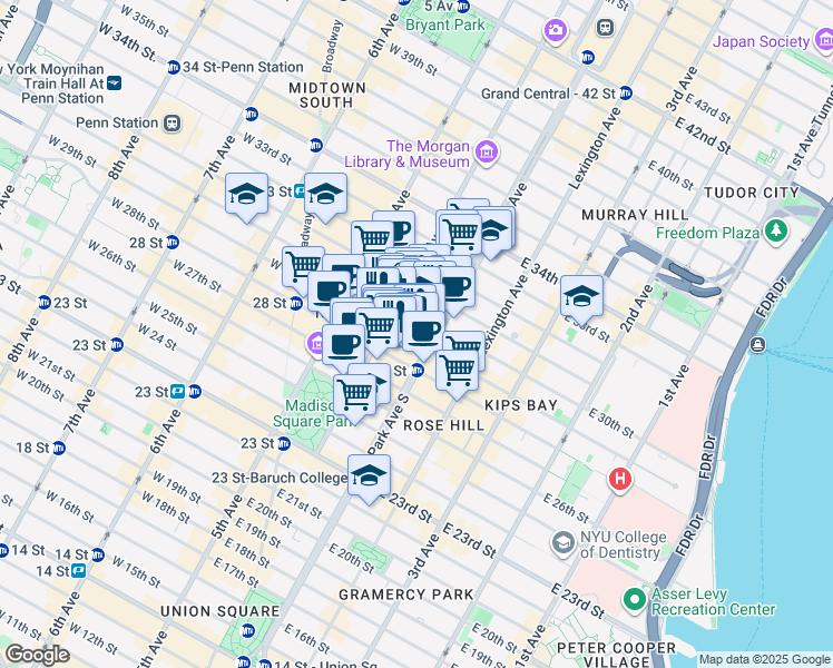 map of restaurants, bars, coffee shops, grocery stores, and more near 29 East 29th Street in New York