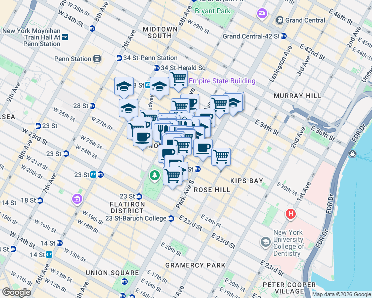 map of restaurants, bars, coffee shops, grocery stores, and more near in New York