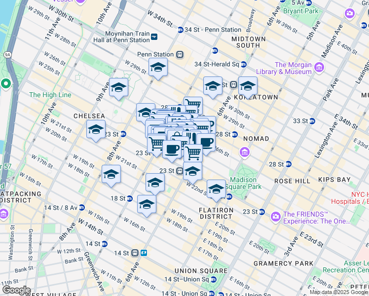 map of restaurants, bars, coffee shops, grocery stores, and more near 131 West 24th Street in New York