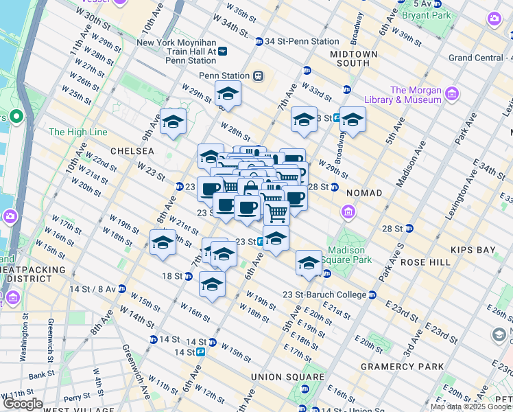 map of restaurants, bars, coffee shops, grocery stores, and more near 131 West 24th Street in New York