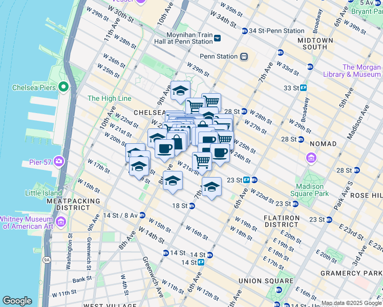 map of restaurants, bars, coffee shops, grocery stores, and more near 240 West 22nd Street in New York