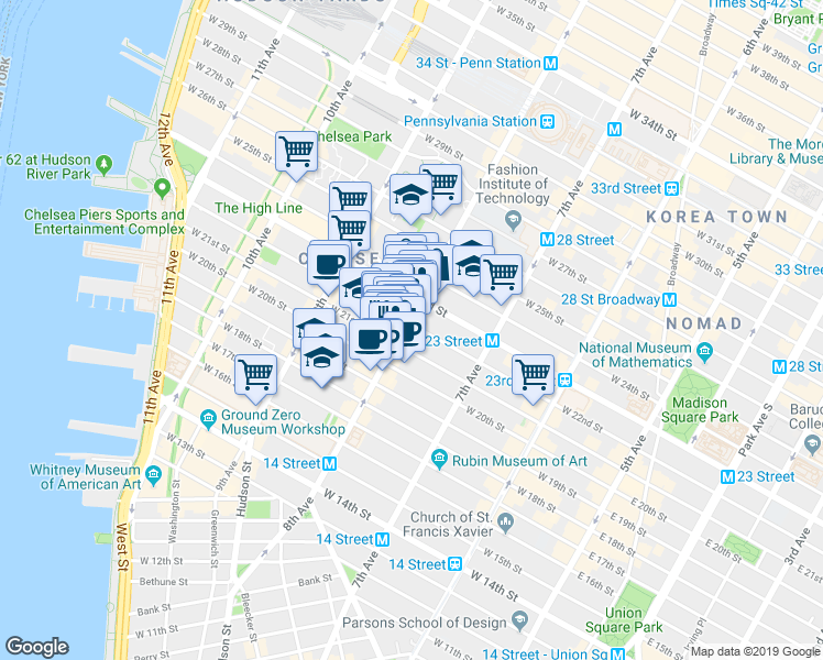 map of restaurants, bars, coffee shops, grocery stores, and more near 219 8th Avenue in New York