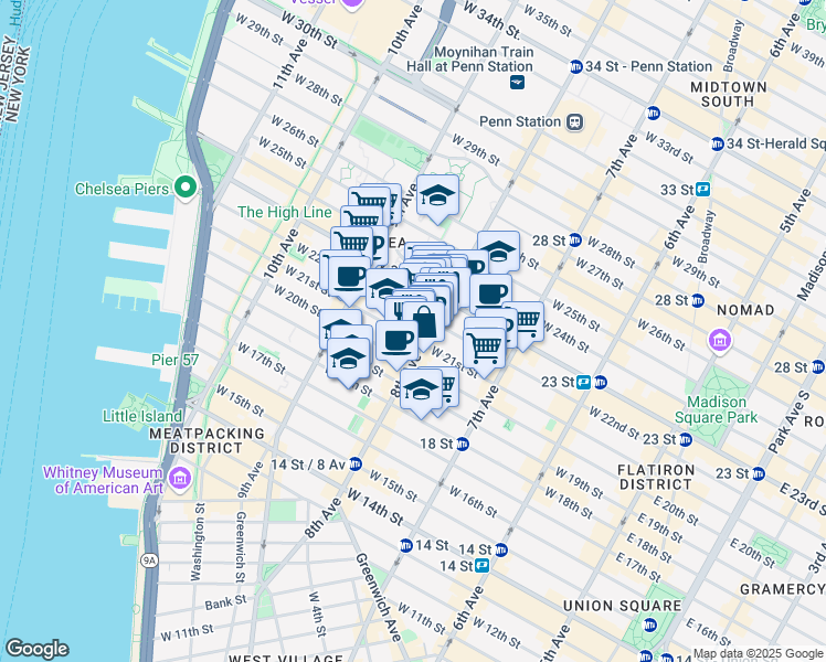 map of restaurants, bars, coffee shops, grocery stores, and more near 225 8th Avenue in New York