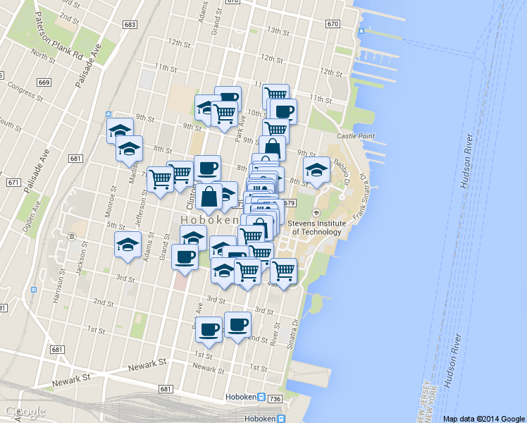 map of restaurants, bars, coffee shops, grocery stores, and more near 631 Bloomfield Street in Hoboken