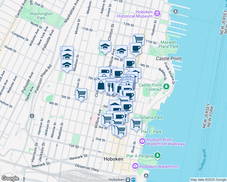 map of restaurants, bars, coffee shops, grocery stores, and more near 645 Garden Street in Hoboken